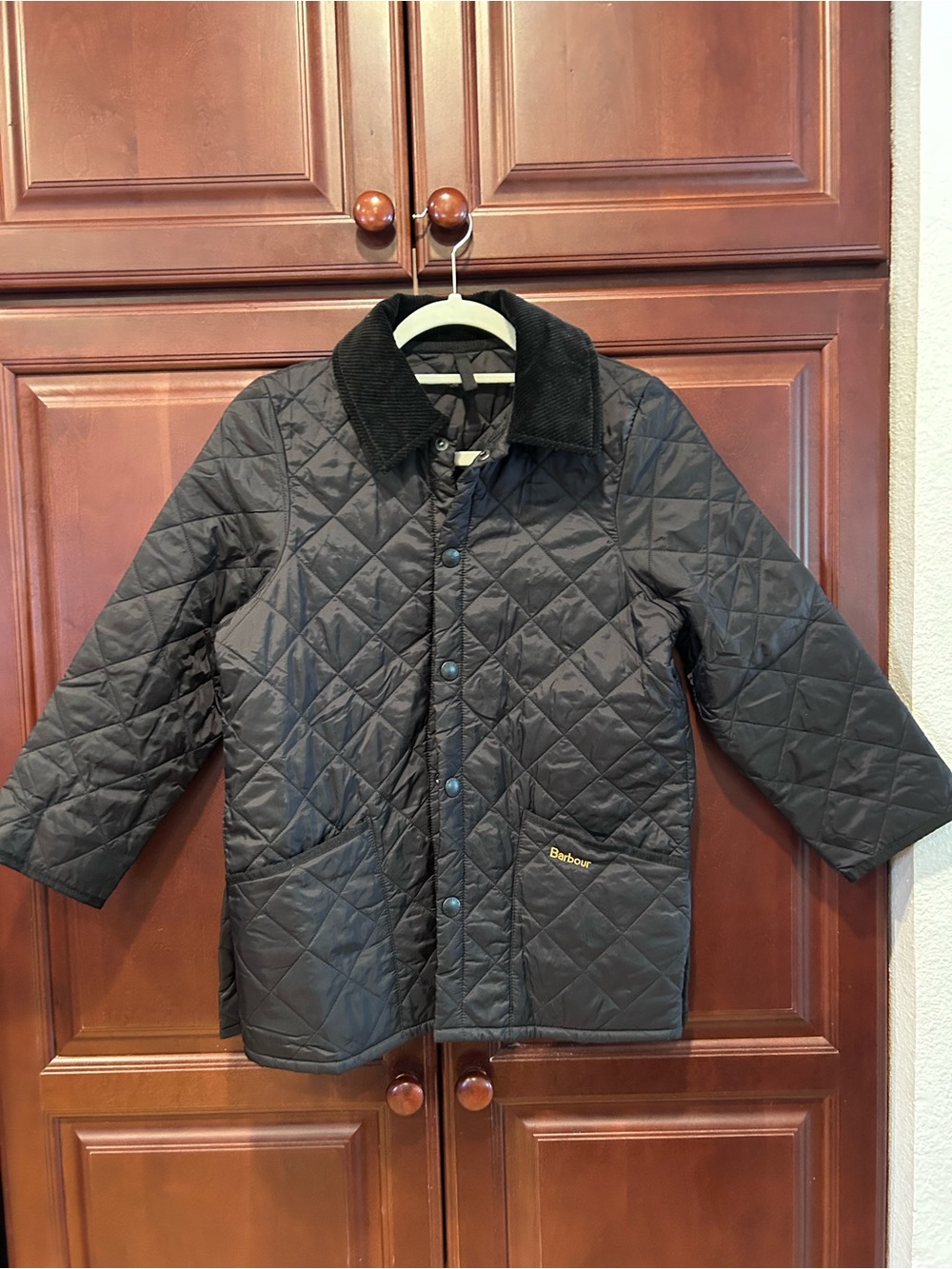 Barbour Black Quilted Kids Puffer Jacket with Corduroy Collar